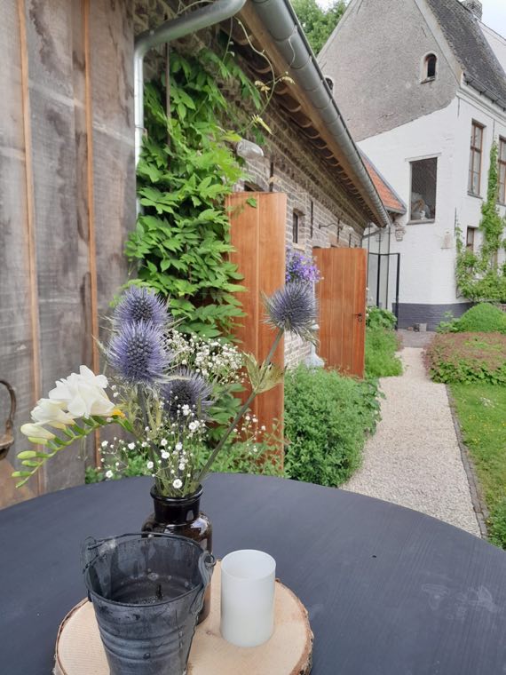 Vaas met bloemen in de tuin
